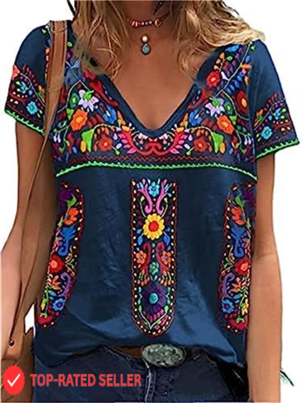 Mexican Embroidered V Neck Floral Print Boho Short Sleeve T Shirt